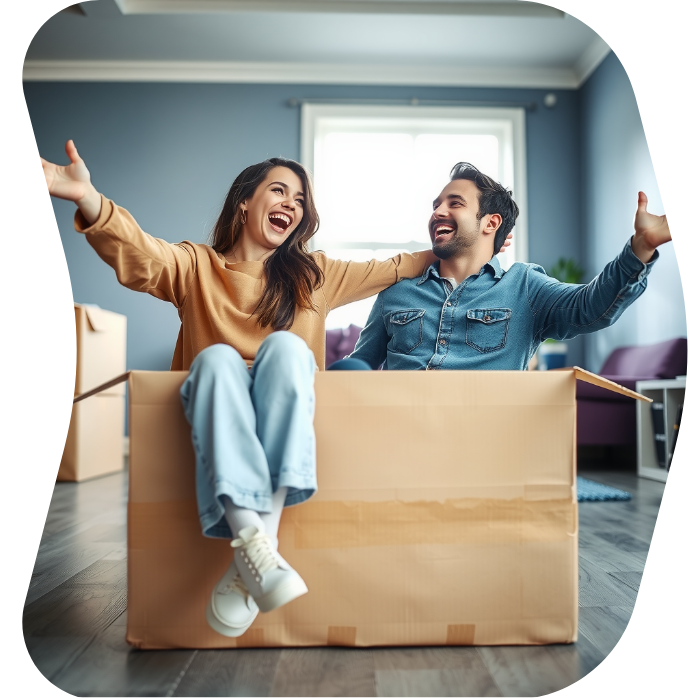 Two guys sitting on the floor of their apartment with Muval moving boxes